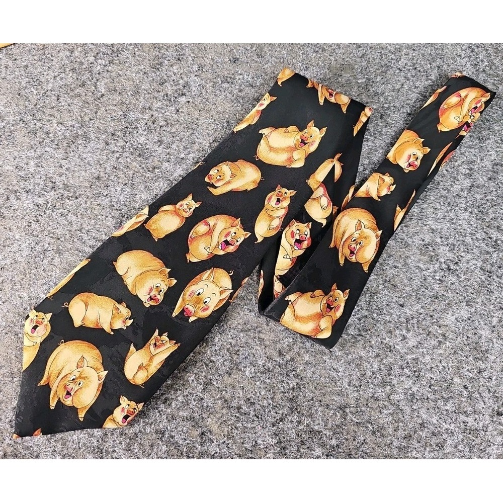 DIMODA Black Polyester Neck Tie Classic Size w/Pig Graphics 60 X 4